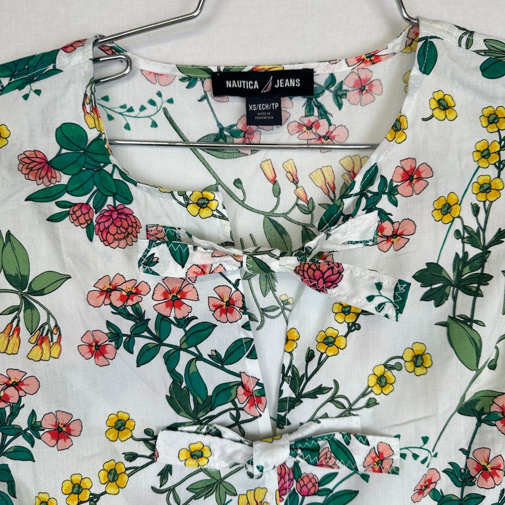 Nautica Jeans Floral Peplum Blouse‎ White Puff Sleeve Women's XS - Picture 8 of 14